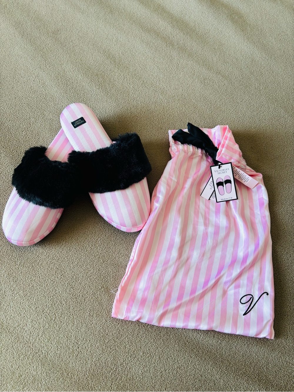 Victoria's Secret Pink and White Striped Slide Slippers with Black Faux Fur